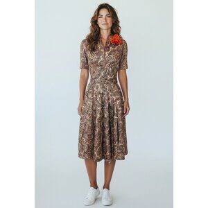 Vintage 1950s Paisley Satin Fit & Flare Dress • Orange Trim • Brocade Style •